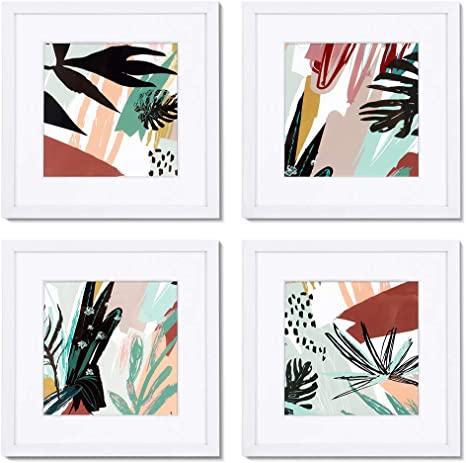 New 10" x 10" 4 Panels Wall Art Framed w/ Decorative Tropical Plant Prints | Home Wall Decor