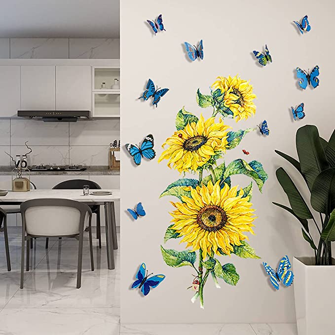 New Sunflower Wall Decals | 12 PCS Big Butterfly Wall Stickers | Removable DIY Art Decor Murals