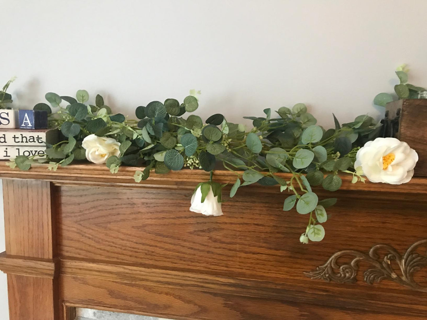 New Eucalyptus Garland w/ 9 White Rose- 6.6ft Artificial Floral Vines