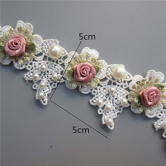 New 1 Yard Vintage Gold Pearl Rose Flowers Embroidered Lace Trim | Sewing Supplies Craft