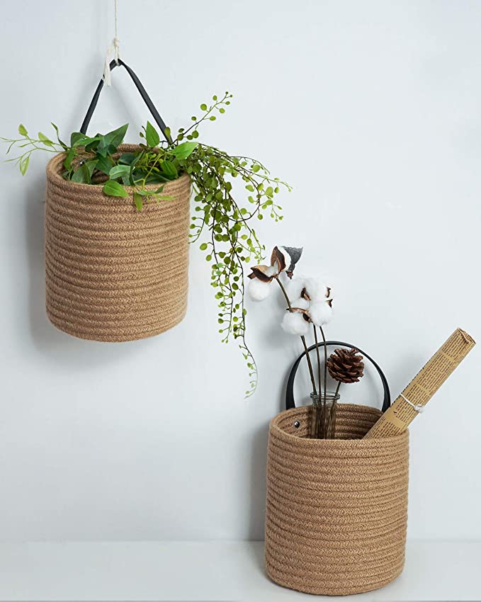 New 2PCS 7.87" x 7" Jute Hanging Basket | Hanging Rope Basket Flower Plants Wall Decor