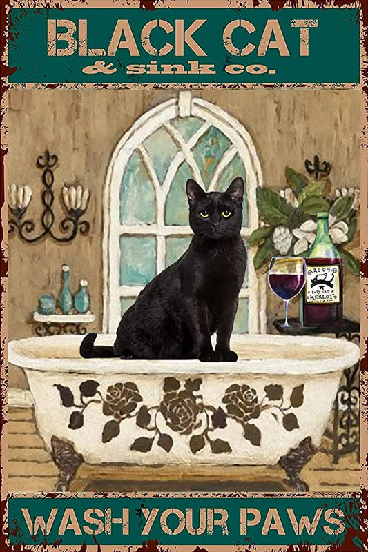 New 12" x 8" Black Cat Bathroom Metal Tin Sign Wash Your Paws | Home Wall Decor