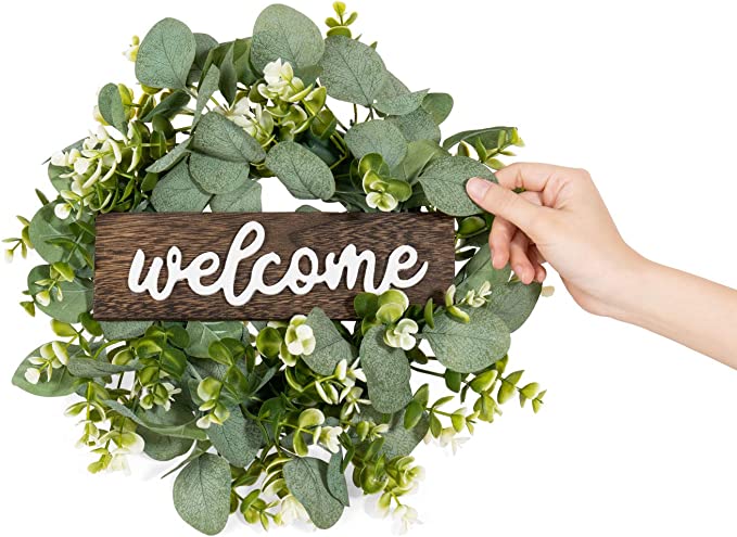 New 13" Porch Decor Welcome Sign | Wood Hanging Sign with Artificial Eucalyptus