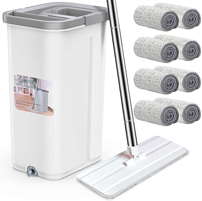 New Flat Mop & Bucket Floor Cleaning System | 8 Microfiber Refills Hands-Free Wringing Mop