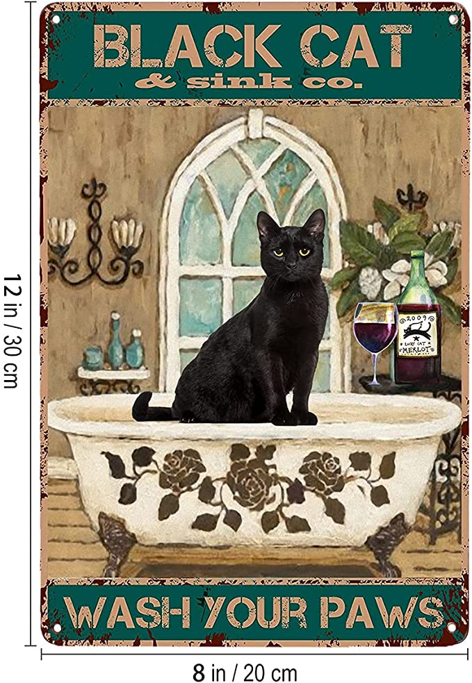 New 12" x 8" Black Cat Bathroom Metal Tin Sign Wash Your Paws | Home Wall Decor