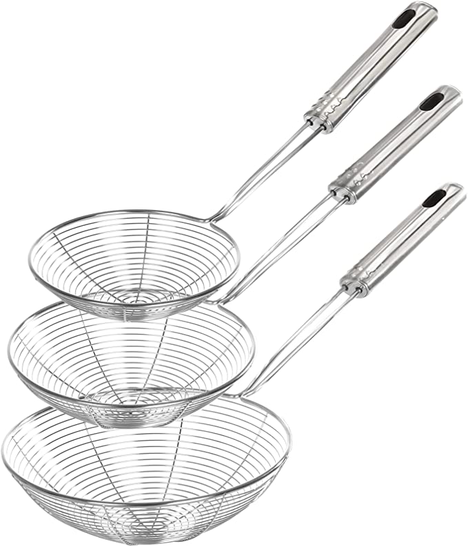 New Set of 3 Stainless Steel Spider Strainer Skimmer Ladle | Cooking and Frying, Pasta Strainer