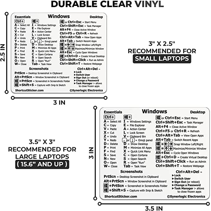 New 3.5" x 2.95" Windows PC Reference Keyboard Shortcut Sticker