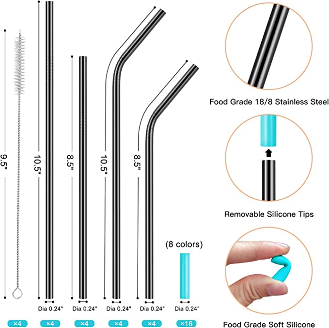 New Reusable Metal Straws | Long Stainless Steel Straws Drinking Straw | Cleaning Brush