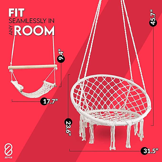 New Hanging Chair w/ Leg Rest & Hardware Kits | Macramé Rope Swing Chair-Holds up to 330 Lbs