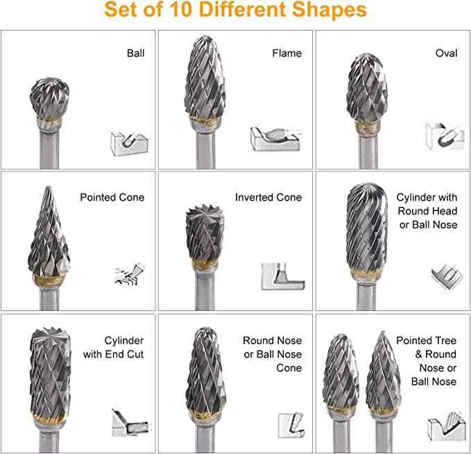 TianTac Tungsten Carbide Rotary Burr Set 10pcs, Carving Burr Bits, with 3mm Shank 6mm Bit for Wo...