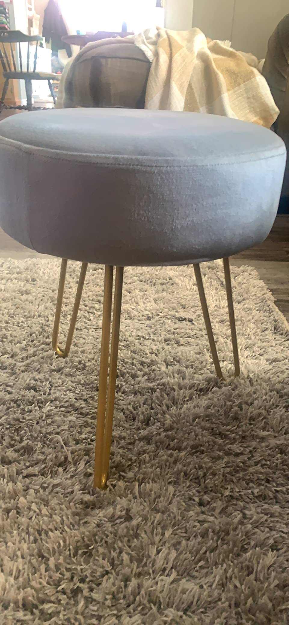 New Dressing Chair w/ Golden Metal Leg | Round Modern Upholstered Vanity Footstool Side Table Seat