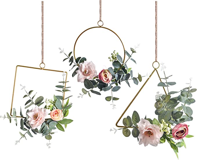 New 3 PCS Artificial Floral Hoop Wreaths | Garland w/ Pink Clematis & Tea Rose Flowers