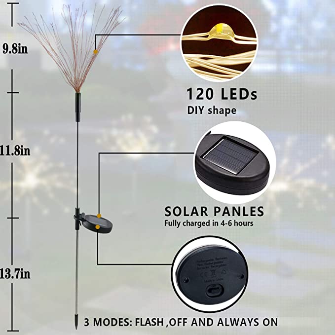 New 2 PCS Solar LED Firework Light | Outdoor Garden DIY Landscape | Multi-color