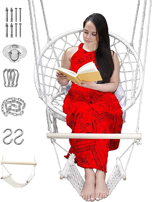 New Hanging Chair w/ Leg Rest & Hardware Kits | Macramé Rope Swing Chair-Holds up to 330 Lbs