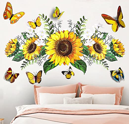 Sunflower Wall Stickers with 3D Butterfly Wall Sticker, Yellow Flowers Wall Decal,SPRT Waterproo...