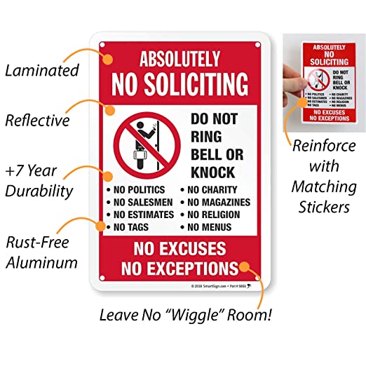 New 10" x 7" Metal Sign | "Absolutely No Soliciting - Do Not Ring Bell, No Excuses, No Exceptions”