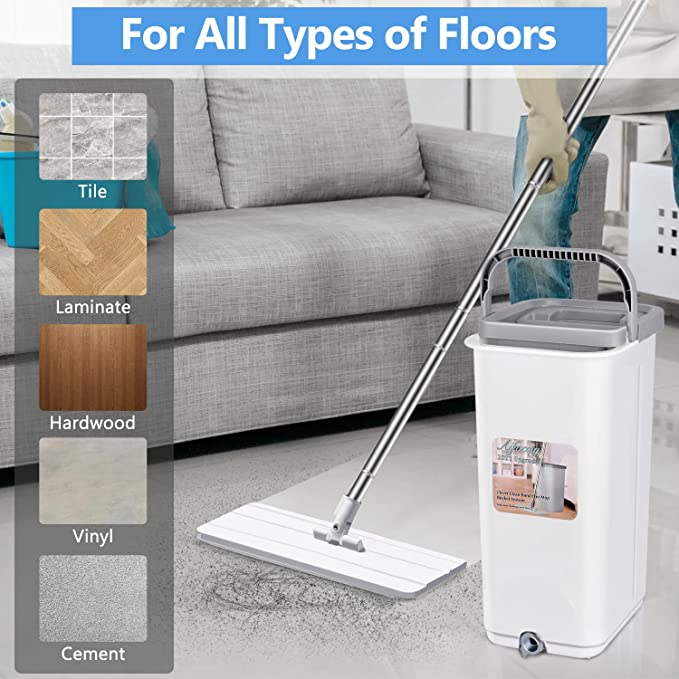 New Flat Mop & Bucket Floor Cleaning System | 8 Microfiber Refills Hands-Free Wringing Mop