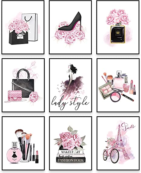 New Women Wall Art Posters 9 PCS | Pink Perfume Handbags High Heels Wall Decor |