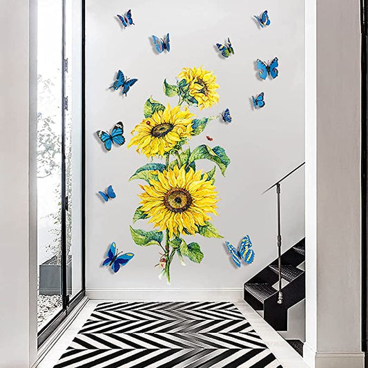 New Sunflower Wall Decals | 12 PCS Big Butterfly Wall Stickers | Removable DIY Art Decor Murals