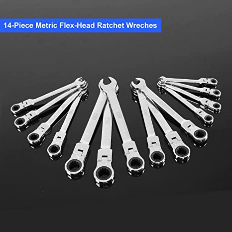 New 14 PCS 6-19mm Flex-Head Ratcheting Wrench Set | Combination Ended Spanner Kit w/ Storage Case