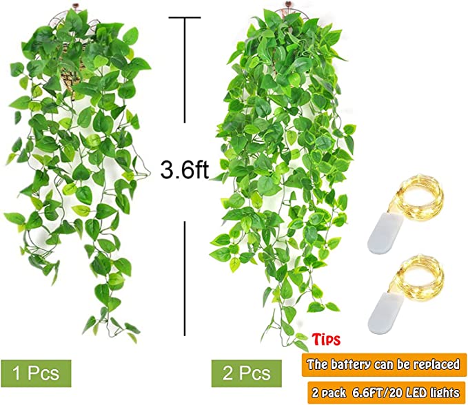 New 2 PCS Artificial Hanging Plants | 20LED Fairy Lights | Indoor/Outdoor Decoration Fake Plants