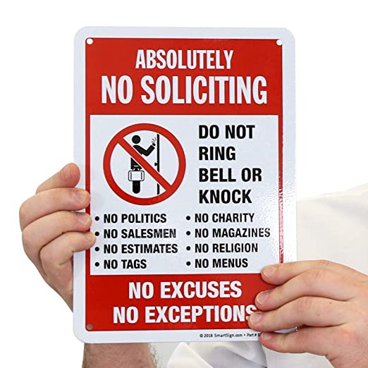 New 10" x 7" Metal Sign | "Absolutely No Soliciting - Do Not Ring Bell, No Excuses, No Exceptions”