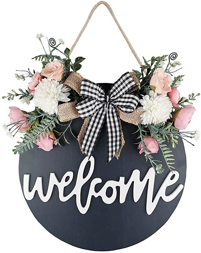 New Welcome Sign for Front Door | Farmhouse Decor Wooden Hanging Round Sign | 12"