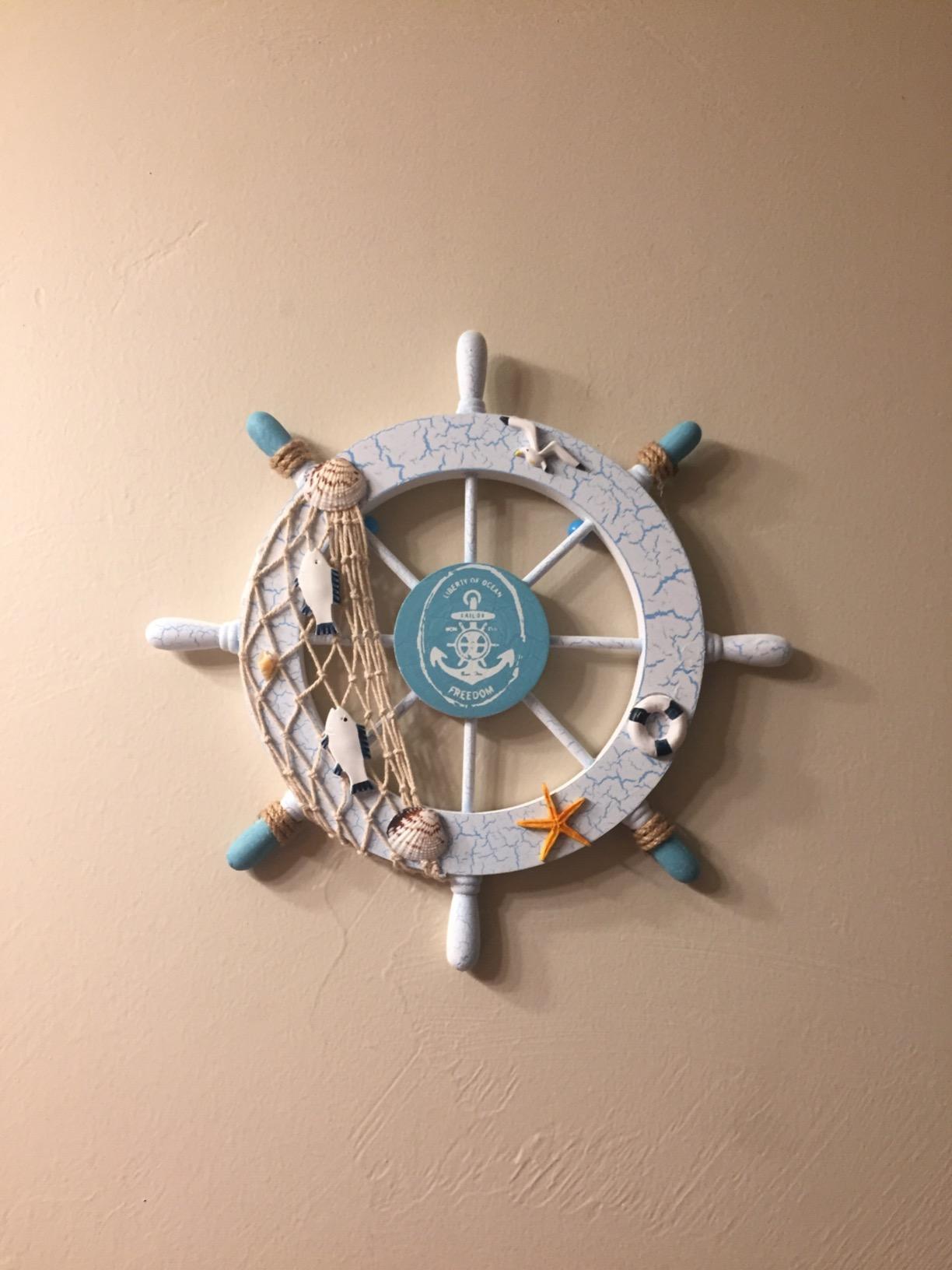 New Nautical Beach Wooden Boat Ship Steering Wheel Fishing Net Shell Home Wall Decor