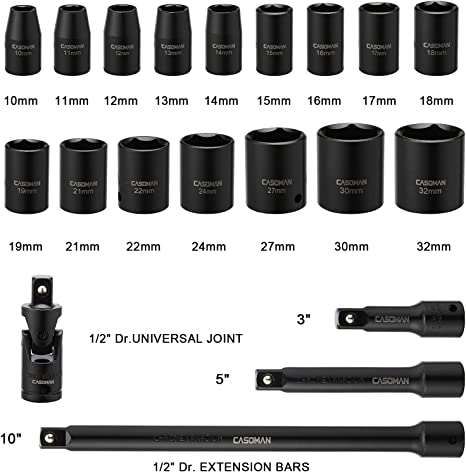 Heavy Duty 1/2" Drive Shallow Impact Socket | Metric, 10mm-32mm, CR-V, 6-Point, 20 PCS