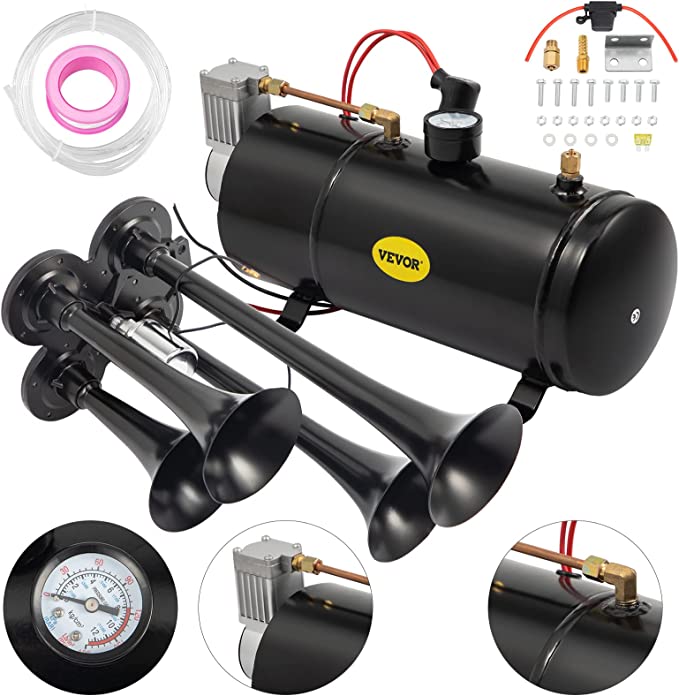 Heavy Duty 150 DB Train Horns Kit w/ 4 Trumpet | 120 PSI 12 V Air Horn Compressor Tank