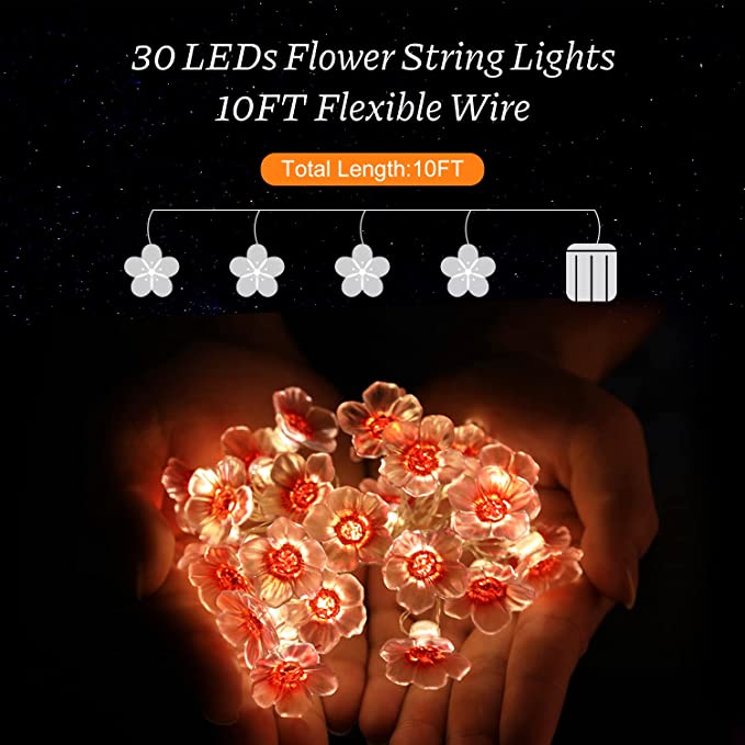 Cherry Blossom Decor String Lights for Bedroom Dorm, Coquimbo 10Ft/30 LED Flower String Lights B...