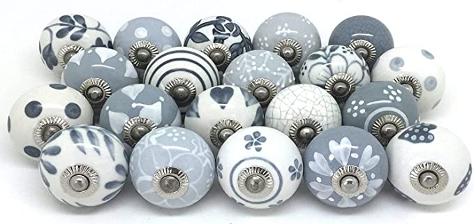 New 10 PCS Ceramic Knobs Cabinet Drawer Rare Hand Painted | Grey & White Cream