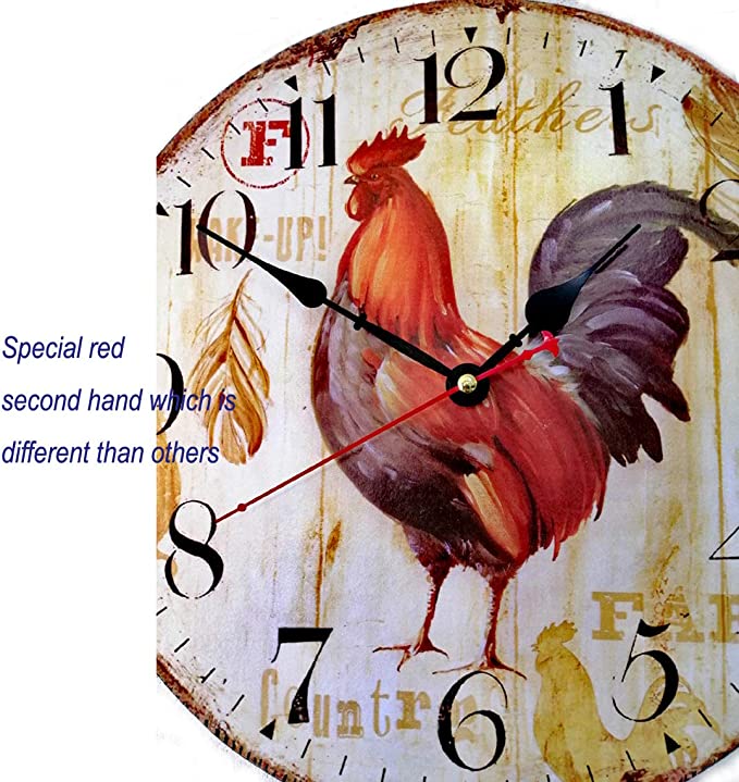 New 12" Vintage Farmhouse Kitchen Wall Clocks | Rooster Analog Clock