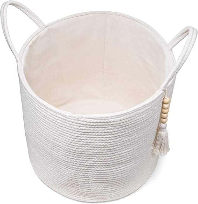 New Woven Storage Basket w/ handle | Natural Rope Wooden Bead | Organizer Bin 16" W × 13.8"L