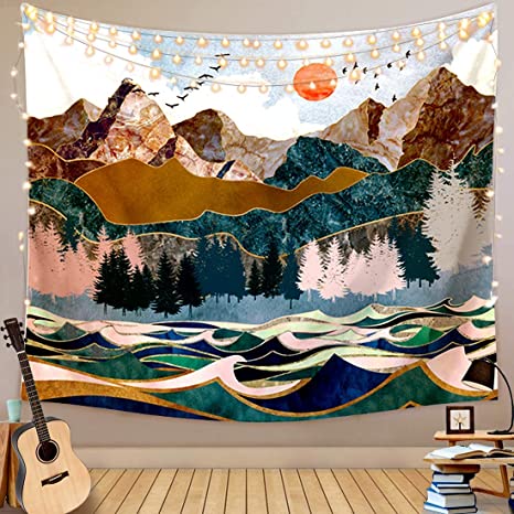 New Mountain Tapestry | Forest Tree Ocean Wave Wall Tapestry | Home Decor | 51.1" x 59"