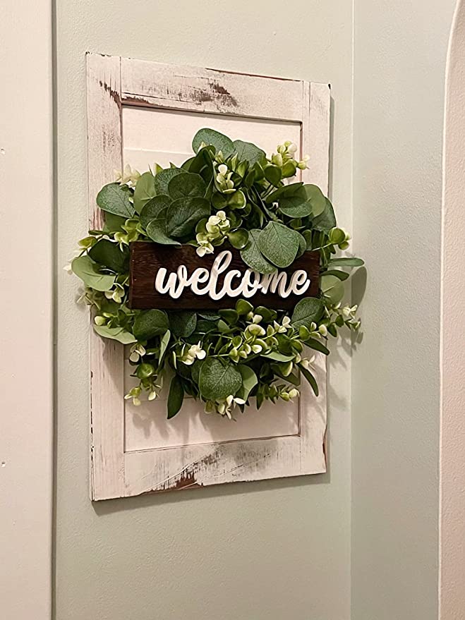 New 13" Porch Decor Welcome Sign | Wood Hanging Sign with Artificial Eucalyptus