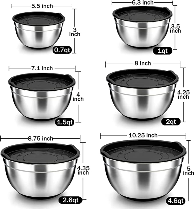 New Set of 6 Stainless Steel Mixing Bowls w/ Air-tigh Lids