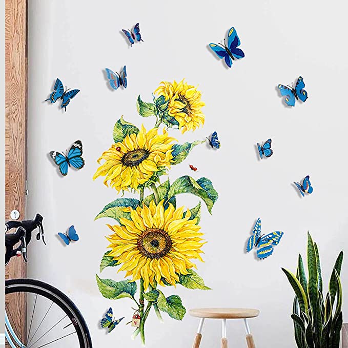 New Sunflower Wall Decals | 12 PCS Big Butterfly Wall Stickers | Removable DIY Art Decor Murals