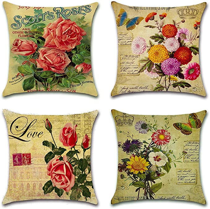 New Pack of 4 18" x 18" Throw Pillow Covers | Linen Cotton Blend Decorative Design Zippered