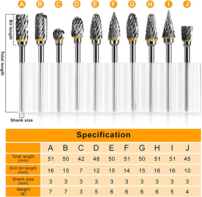 TianTac Tungsten Carbide Rotary Burr Set 10pcs, Carving Burr Bits, with 3mm Shank 6mm Bit for Wo...