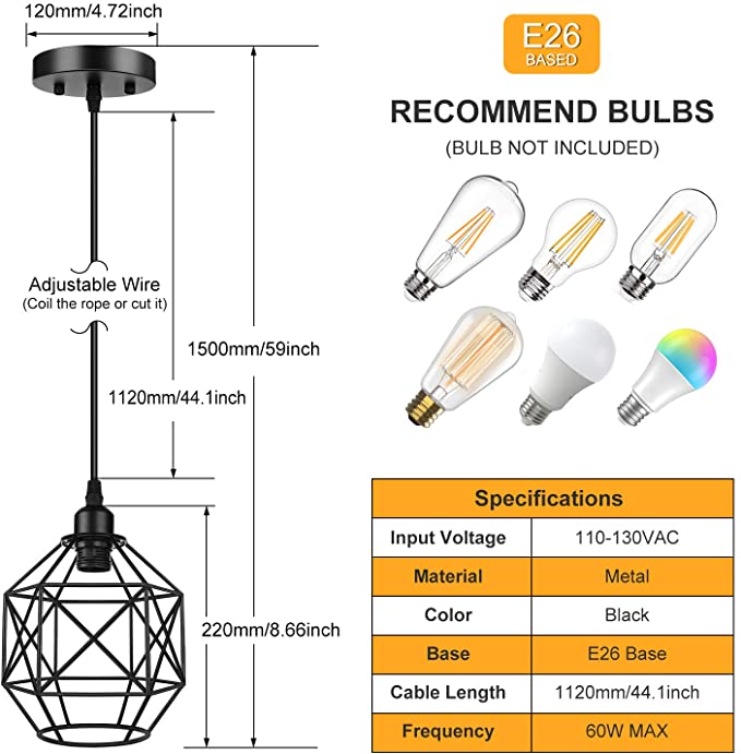 New E26 Base 2-Pack Retro Vintage Farmhouse Pendant Lighting | Industrial Light Fixture