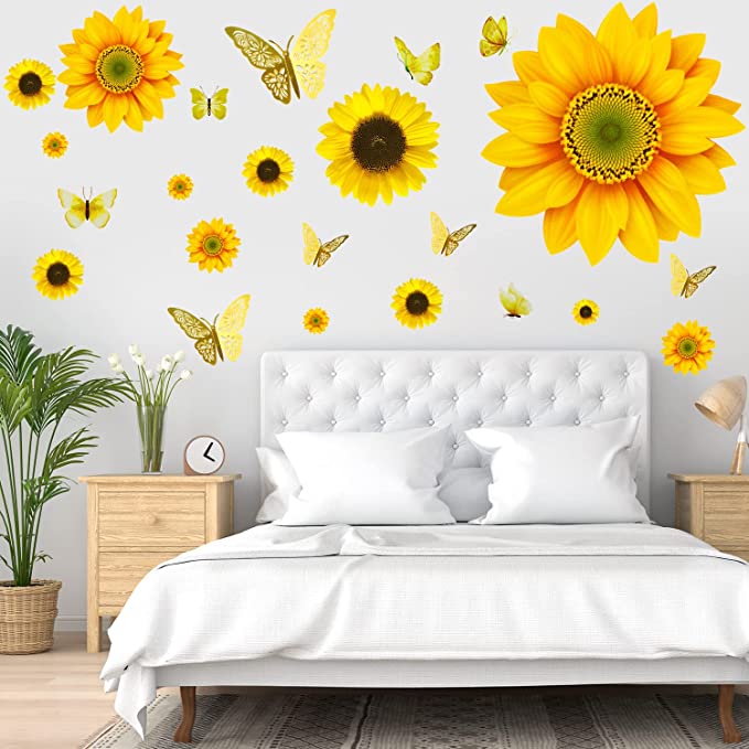 New 39 PCS Large Sunflower Decals | 3D Butterfly Wall Sticker Sunflower Decor