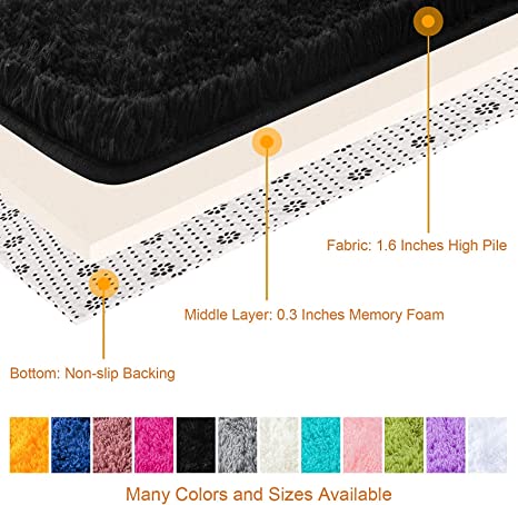 New 2ft x 3ft Throw Black Rugs | Fuzzy Shag Bedside Carpet