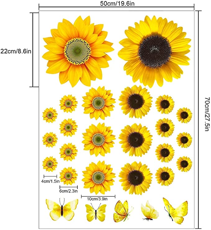 New 39 PCS Large Sunflower Decals | 3D Butterfly Wall Sticker Sunflower Decor