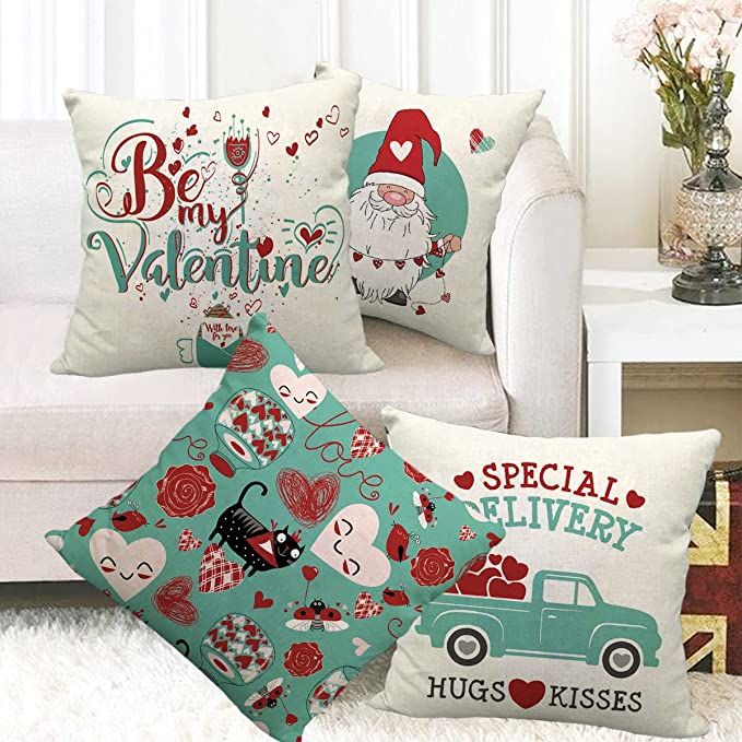 Valentines Day Pillow Covers 18x18 Inch Set of 4 for Valentine Gift Home Decor Red Heart Love Tr...