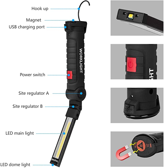 Heavy Duty LED Flashlights | Rechargeable Work Lights | 360° Rotate 5 Modes Bright | 2 Pack