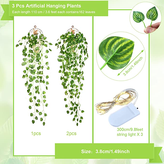 New 3 PCS LED Artificial Plants Fake Hanging Leaves Vine