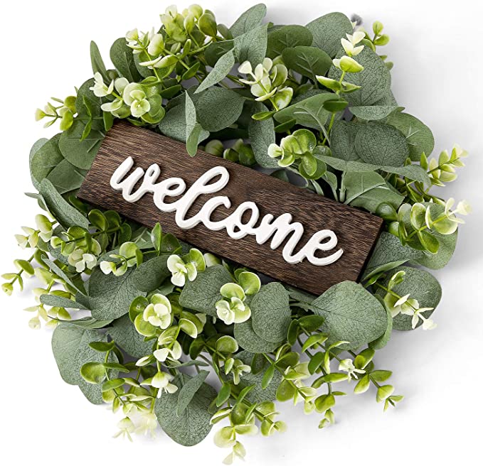 New 13" Porch Decor Welcome Sign | Wood Hanging Sign with Artificial Eucalyptus