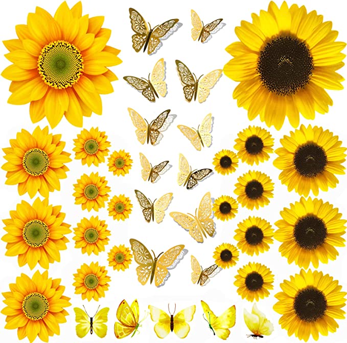 New 39 PCS Large Sunflower Decals | 3D Butterfly Wall Sticker Sunflower Decor