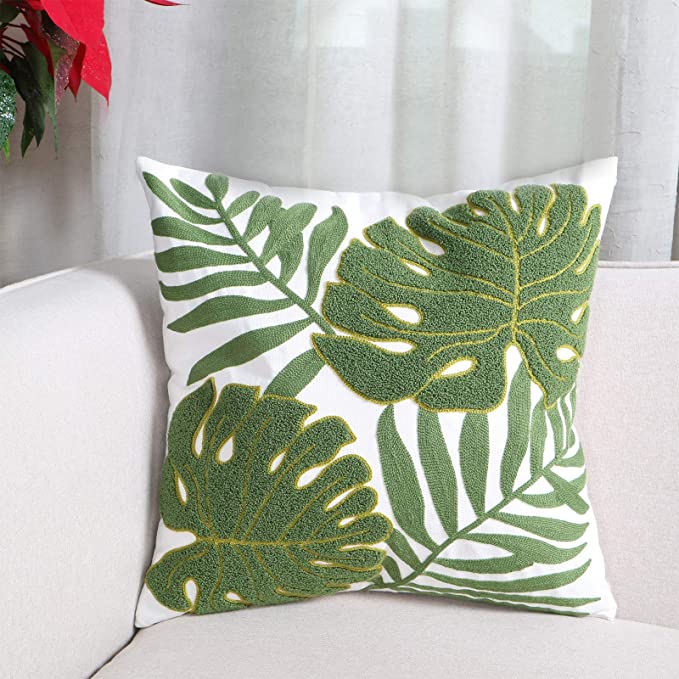 New 18" x 18" Decorative Throw Pillow Covers | Tropical Green Leaves Embroidery Floor Pillow Cover